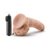 Vanilla-colored 9-inch realistic vibrating device with suction cup base and black remote control on white background.