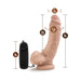 Vanilla-colored 9-inch realistic vibrating dildo with suction base and black wired remote control showing size dimensions.
