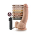 Vanilla-colored 9-inch realistic vibrating dildo with suction cup base and wired remote control showing product features.