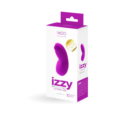 Packaging box of VeDO Izzy rechargeable clitoral vibe in purple with product image and branding details.