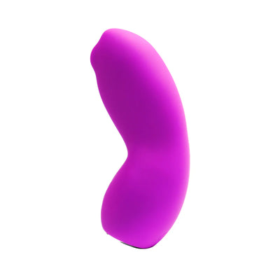 Compact purple silicone clitoral vibrator with curved ergonomic design and smooth matte finish.