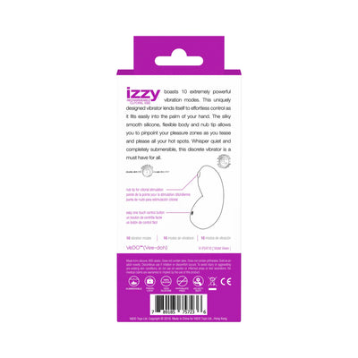 Back packaging of VeDO Izzy rechargeable clitoral vibe with product features and usage instructions in purple and white design.