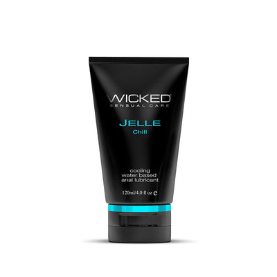 Wicked Jelle Chill cooling water-based anal lubricant in a sleek black 4oz tube with blue accent.