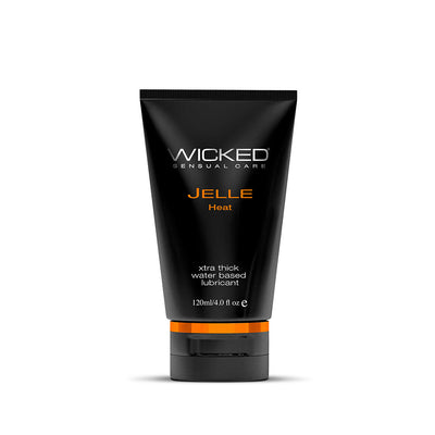 Black 4oz tube of Wicked Jelle Heat extra thick water-based warming lubricant with orange accents on a white background.