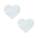 Pair of white heart-shaped nipple covers with delicate floral lace texture on a white background.