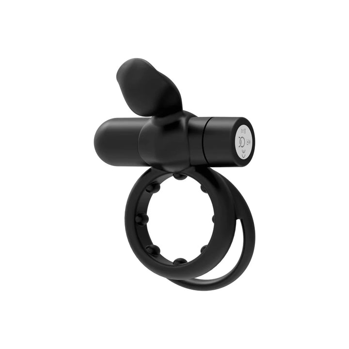 Black silicone dual-ring vibrating cockring with external pointer stimulator and USB rechargeable motor.