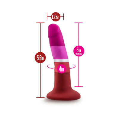 Blush Avant P3 Lesbian Pride silicone dong in red, pink, and white with size measurements shown on a white background.