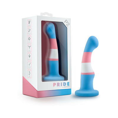 Blue, pink, and white silicone dong with curved design and suction base, displayed next to its Pride by Avant packaging.