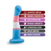 Blue, pink, and white silicone dildo with suction cup base and product feature icons highlighting safety and compatibility.