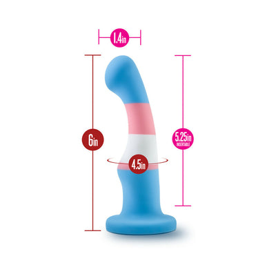 Blue, pink, and white silicone dong with curved tip and suction base, showing dimensions and insertable length.