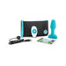 B-Vibe Rimming Petite Plug kit with turquoise silicone plug, remote control, USB charger, storage pouch, and user guide.