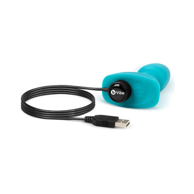 Teal B-Vibe Rimming Petite Plug with USB charging cable on white background