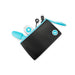 Compact blue silicone vibrating rimming plug with remote control, USB charger, and black storage pouch with blue zipper.