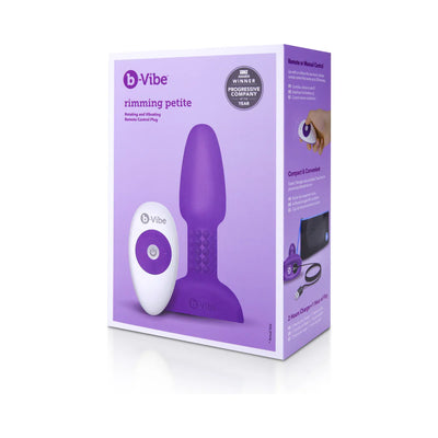 B-Vibe Rimming Petite Plug in purple with white remote control shown on product packaging box
