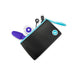 Purple vibrating petite plug with remote control, USB charger, and black storage pouch with blue zipper and logo.