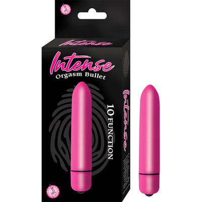 Pink Nasstoys Intense Orgasm Bullet with 10 vibration functions shown with black packaging.