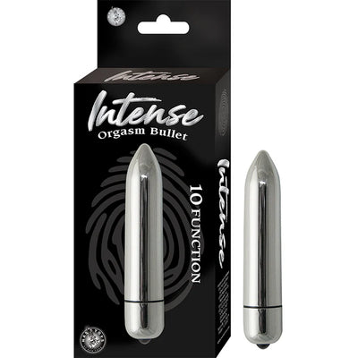 Silver Nasstoys Intense Orgasm Bullet with 10 vibration functions shown with black packaging.