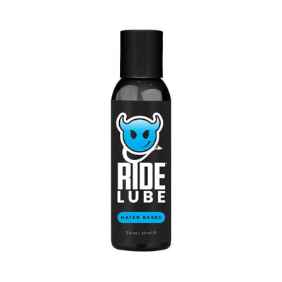 Black bottle of Ride Bodyworx water-based lubricant with blue devil logo and 2 oz size label.