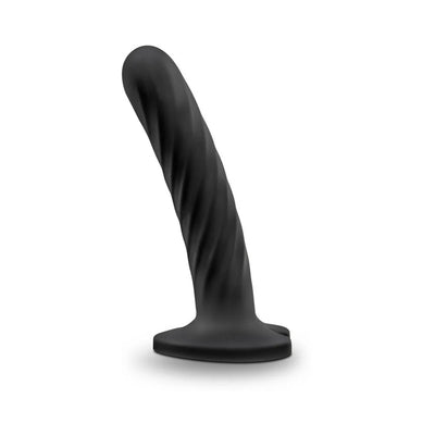 Black satin smooth silicone small dildo with twisted texture and flat suction cup base.
