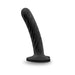 Black satin smooth silicone small dildo with twisted texture and flat suction cup base.