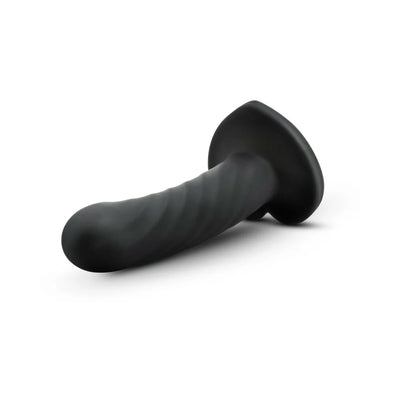 Black satin smooth silicone twist-textured dildo with heart-shaped suction cup base, 5 inches long.
