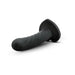 Black satin smooth silicone twist-textured dildo with heart-shaped suction cup base, 5 inches long.