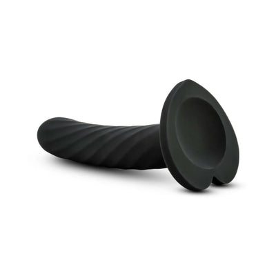 Black satin smooth silicone twist textured dildo with heart-shaped suction cup base, 5-inch length.