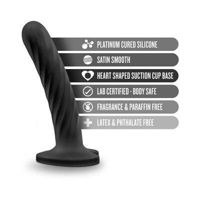 Black twist textured small dildo with heart-shaped suction cup base and features listed including body safe silicone and latex free.