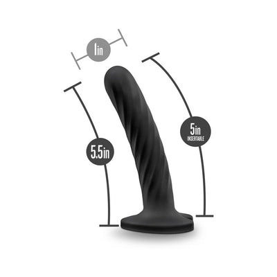Black Temptasia Twist small silicone dildo with spiral texture and heart-shaped suction cup base, 5.5 inches long.