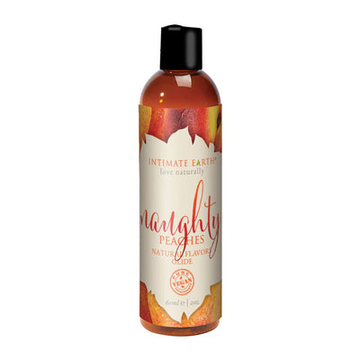 Bottle of Intimate Earth Naughty Nectarines natural flavored pleasure glide with peach-themed label and black cap.