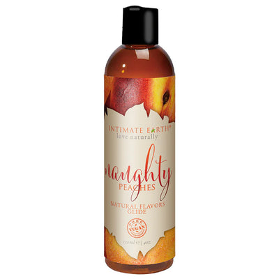 Bottle of Intimate Earth Naughty Nectarines natural flavored water-based glide with peach-themed label and black cap.