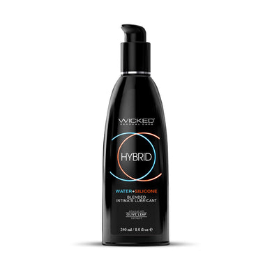 Black 8 oz pump bottle of Wicked Hybrid fragrance-free water and silicone blended intimate lubricant with olive leaf extract.