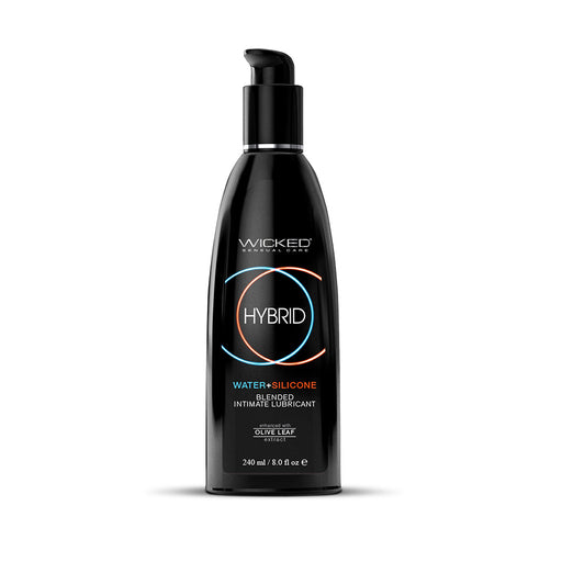 Black 8 oz pump bottle of Wicked Hybrid fragrance-free water and silicone blended intimate lubricant with olive leaf extract.