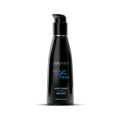 Black pump bottle of Wicked Aqua Chill water-based cooling lubricant with blue and white text on label, 120ml size.