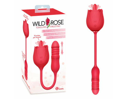 Red rose-shaped suction thruster vibrator with flexible stem and ergonomic handle, shown with packaging box.