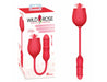 Red rose-shaped suction thruster vibrator with flexible stem and ergonomic handle, shown with packaging box.