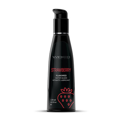 Black bottle of Wicked Aqua Strawberry flavored water-based intimate lubricant with a pump dispenser and strawberry graphic.