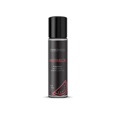 Wicked Aqua Watermelon flavored water-based intimate lubricant in a sleek 1oz black bottle with watermelon graphic.