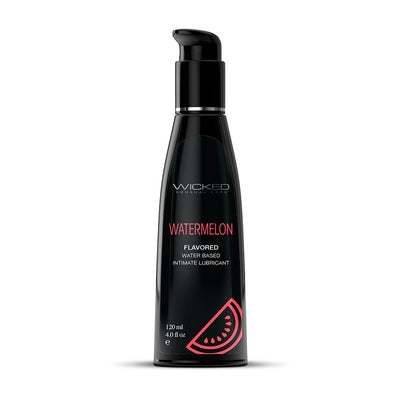 Black pump bottle of Wicked Sensual Care watermelon flavored water-based intimate lubricant, 4 fl oz.