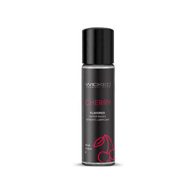Wicked Aqua Cherry flavored water-based intimate lubricant in a 1oz clear bottle with black cap and cherry graphic on label