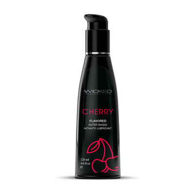 Black bottle of Wicked Sensual Care Cherry flavored water-based intimate lubricant with pump dispenser and cherry graphic.