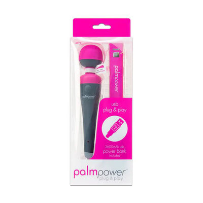 PalmPower Plug & Play massager with fuchsia silicone head and USB power bank in clear retail packaging.