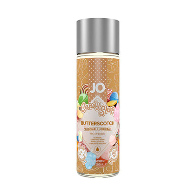 Bottle of JO Candy Shop Butterscotch flavored water-based personal lubricant with colorful candy illustrations on label.