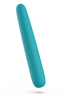Sleek turquoise silicone vibrator with smooth, minimalist design and rounded tip for versatile pleasure.