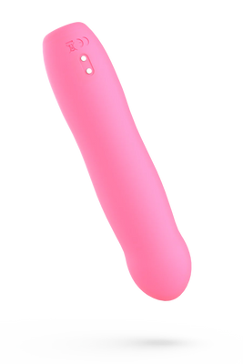 Pink sleek silicone massager with smooth curved design and magnetic USB charging points.