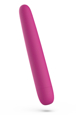 Sleek magenta vibrator with smooth silicone finish and minimalist design, standing upright on a white surface.