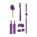 Purple beginners bondage kit with feather tickler, flogger, ball gag, handcuffs, and satin eye mask on white background.