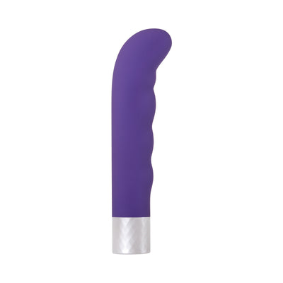 Purple curved G-spot vibrator with textured shaft and silver diamond-patterned base.