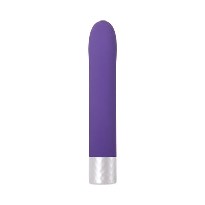Purple sleek vibrator with a smooth curved tip and textured silver base, designed for targeted stimulation.