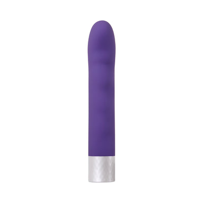 Purple curved vibrator with textured silver base, designed for G-spot stimulation with 10 speeds and turbo boost mode.
